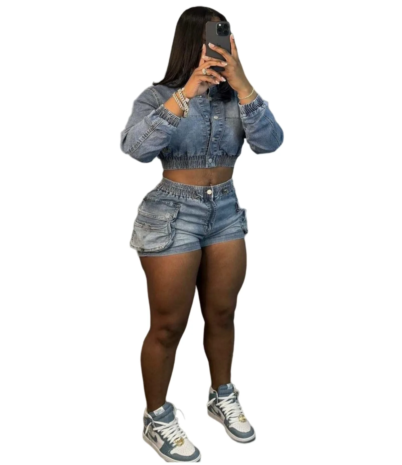 CM.YAYA Denim Women's Set Long Sleeve Crop Jean Jacket +Shorts Jeans Suit Street Cargo Tracksuit Two Piece Set Fitness Outfits