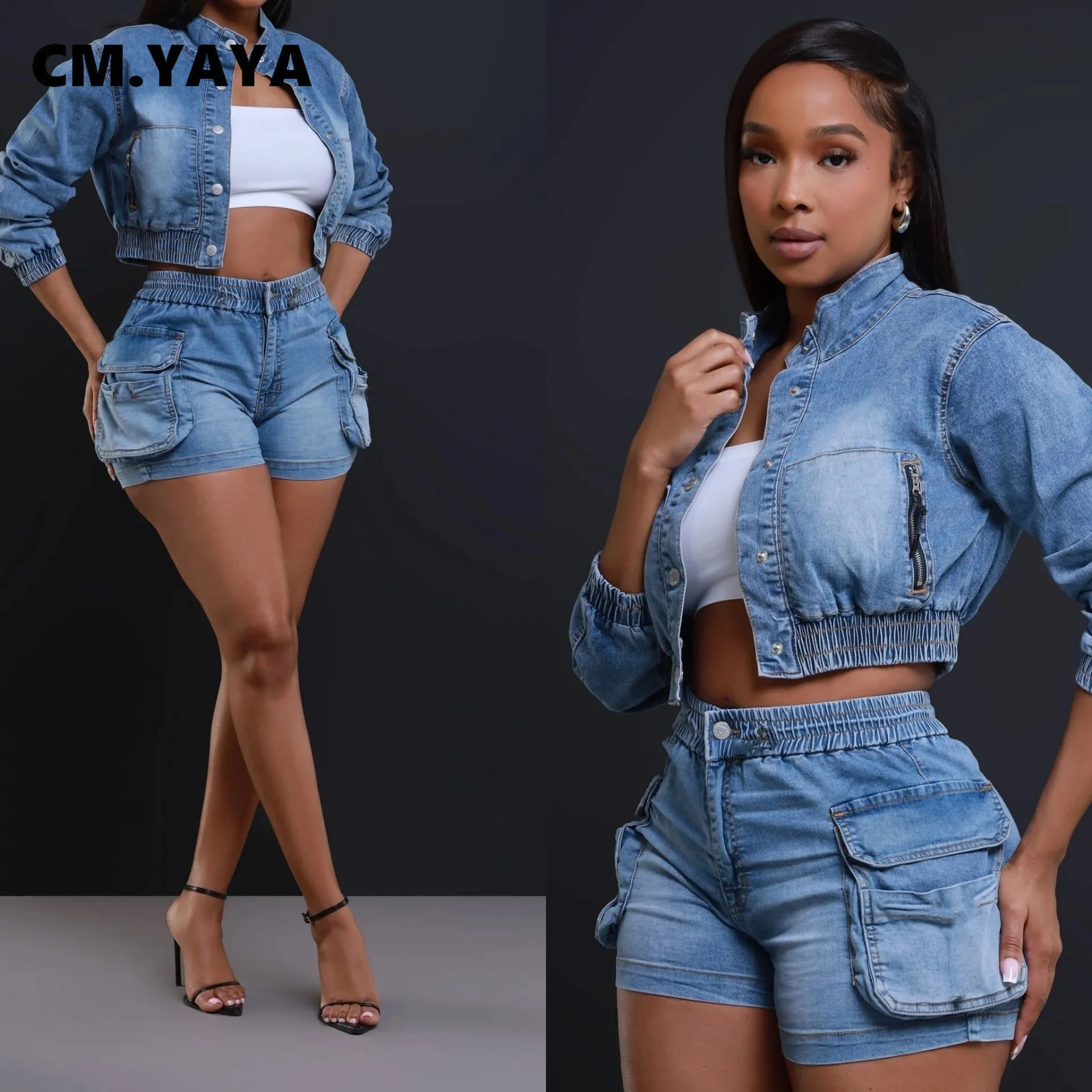 CM.YAYA Denim Women's Set Long Sleeve Crop Jean Jacket +Shorts Jeans Suit Street Cargo Tracksuit Two Piece Set Fitness Outfits