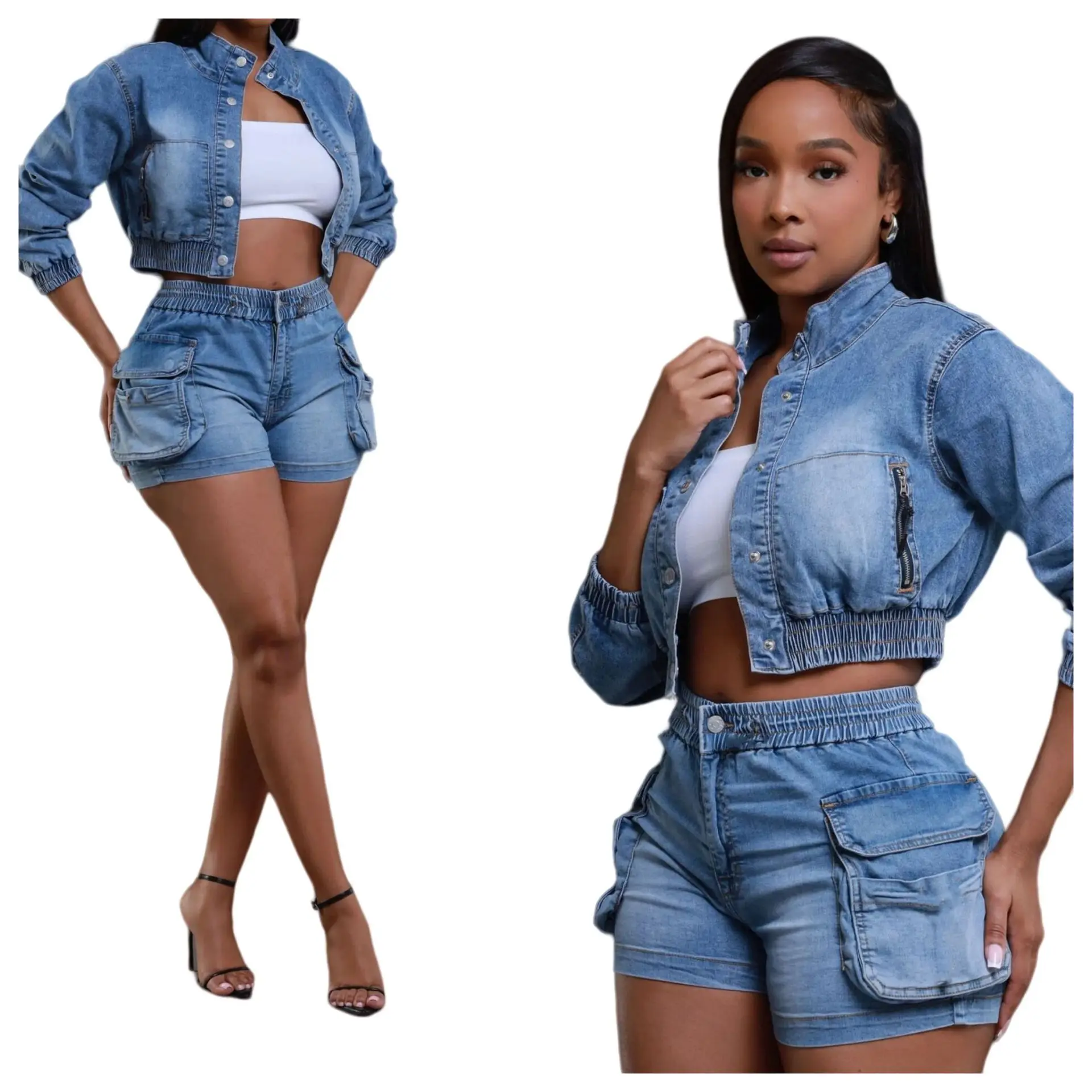 CM.YAYA Denim Women's Set Long Sleeve Crop Jean Jacket +Shorts Jeans Suit Street Cargo Tracksuit Two Piece Set Fitness Outfits