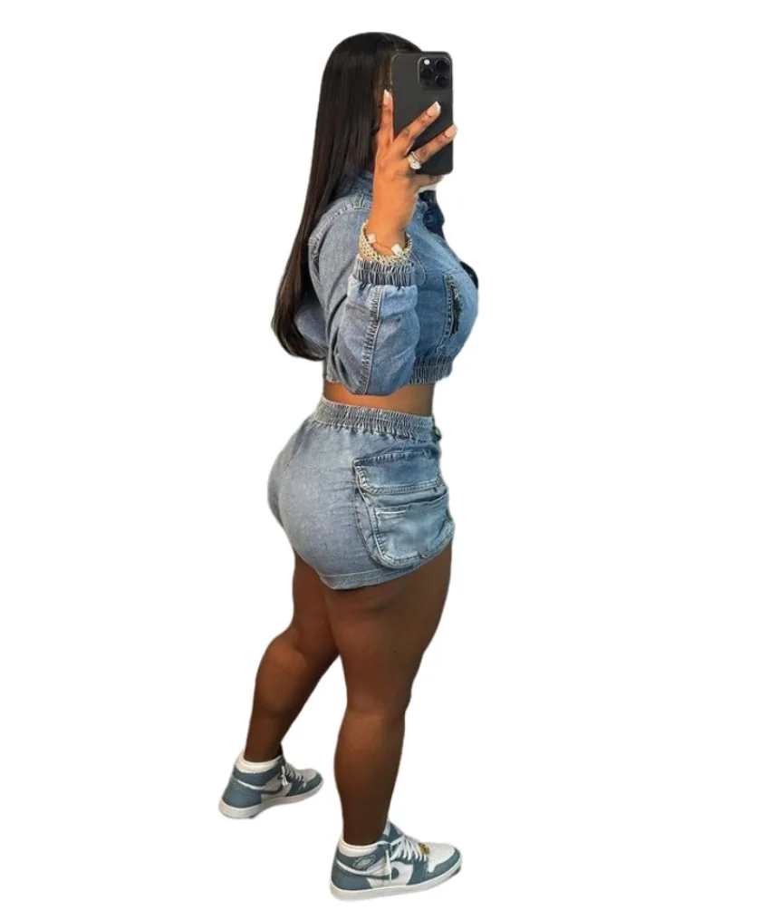 CM.YAYA Denim Women's Set Long Sleeve Crop Jean Jacket +Shorts Jeans Suit Street Cargo Tracksuit Two Piece Set Fitness Outfits