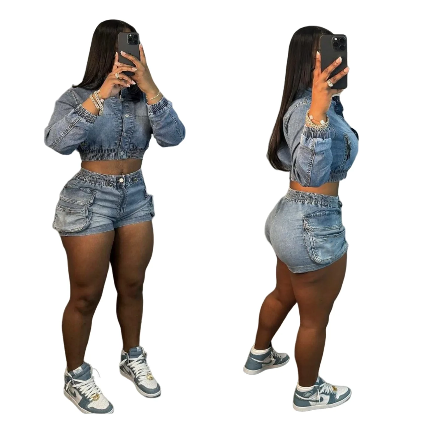 CM.YAYA Denim Women's Set Long Sleeve Crop Jean Jacket +Shorts Jeans Suit Street Cargo Tracksuit Two Piece Set Fitness Outfits