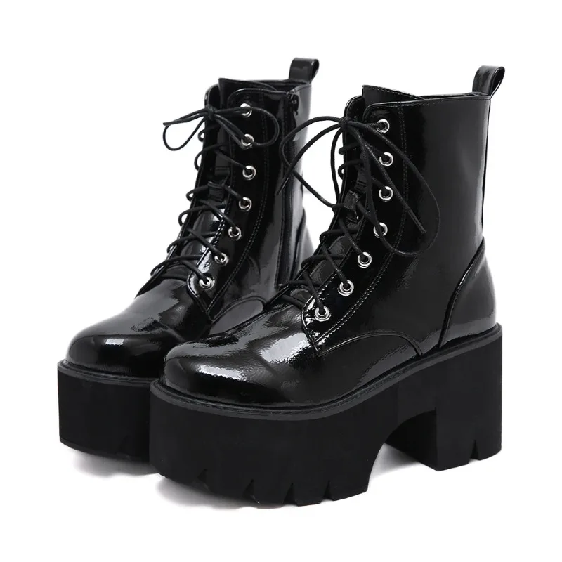 Women's Side Zipper Platform Boots Comfy Round Toe Lace Up Shoes Fashion Solid Color Comabt Boots Chunky Heels