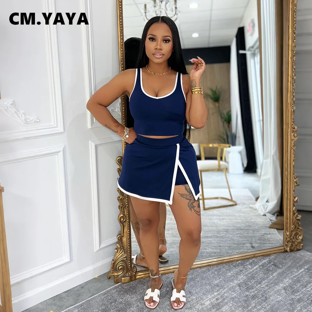 CM.YAYA Casual Street Women's Dress Set Tank Top and Bodycon Midi Shorts Skirt Suit 2025 Summer Sexy Two 2 Piece Set Outfits