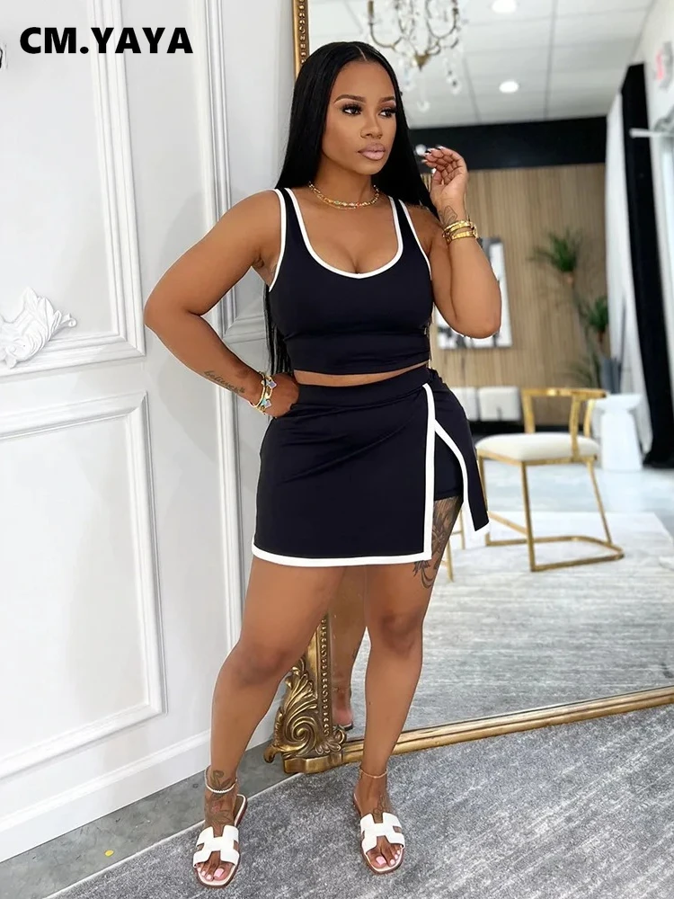 CM.YAYA Casual Street Women's Dress Set Tank Top and Bodycon Midi Shorts Skirt Suit 2025 Summer Sexy Two 2 Piece Set Outfits