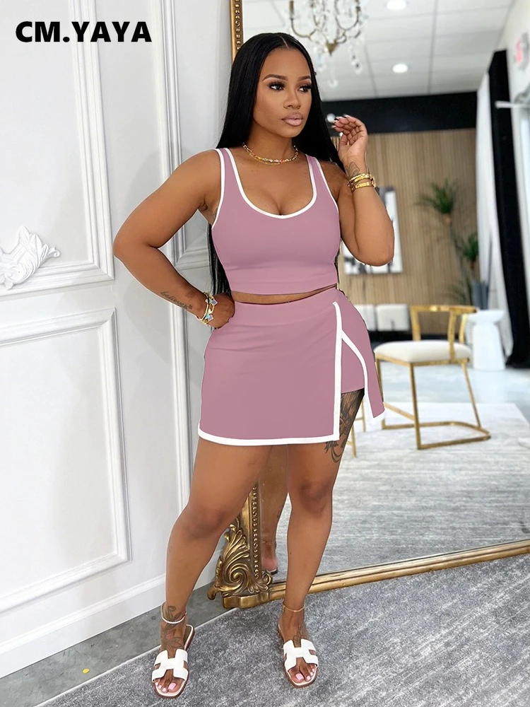 CM.YAYA Casual Street Women's Dress Set Tank Top and Bodycon Midi Shorts Skirt Suit 2025 Summer Sexy Two 2 Piece Set Outfits