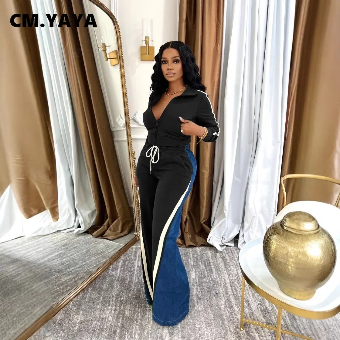 CM.YAYA Women Set Long Sleeve V-neck Jackets + Denim Patchwork Pant Suits 2025 Two 2 Piece Sets Sporty Tracksuits Street Outfits