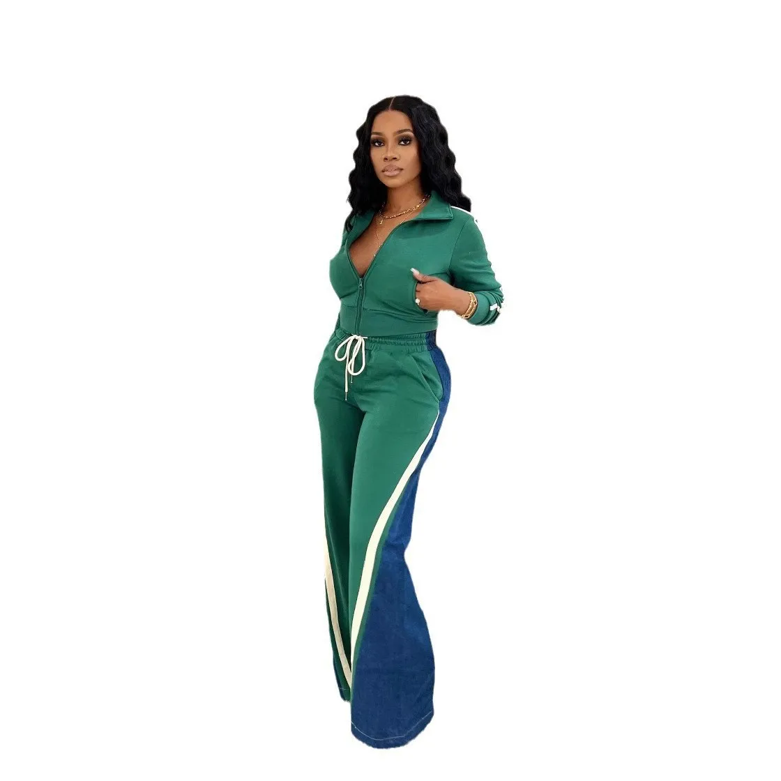 CM.YAYA Women Set Long Sleeve V-neck Jackets + Denim Patchwork Pant Suits 2025 Two 2 Piece Sets Sporty Tracksuits Street Outfits CM.YAYA Women Set Long Sleeve V-neck Jackets + Denim Patchwork Pant Suits 2025 Two 2 Piece Sets Sporty Tracksuits Street Outfits