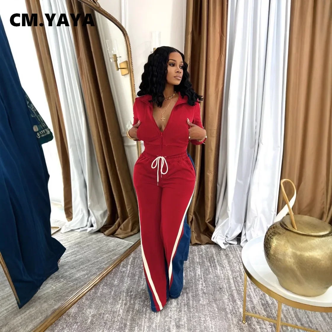 CM.YAYA Women Set Long Sleeve V-neck Jackets + Denim Patchwork Pant Suits 2025 Two 2 Piece Sets Sporty Tracksuits Street Outfits