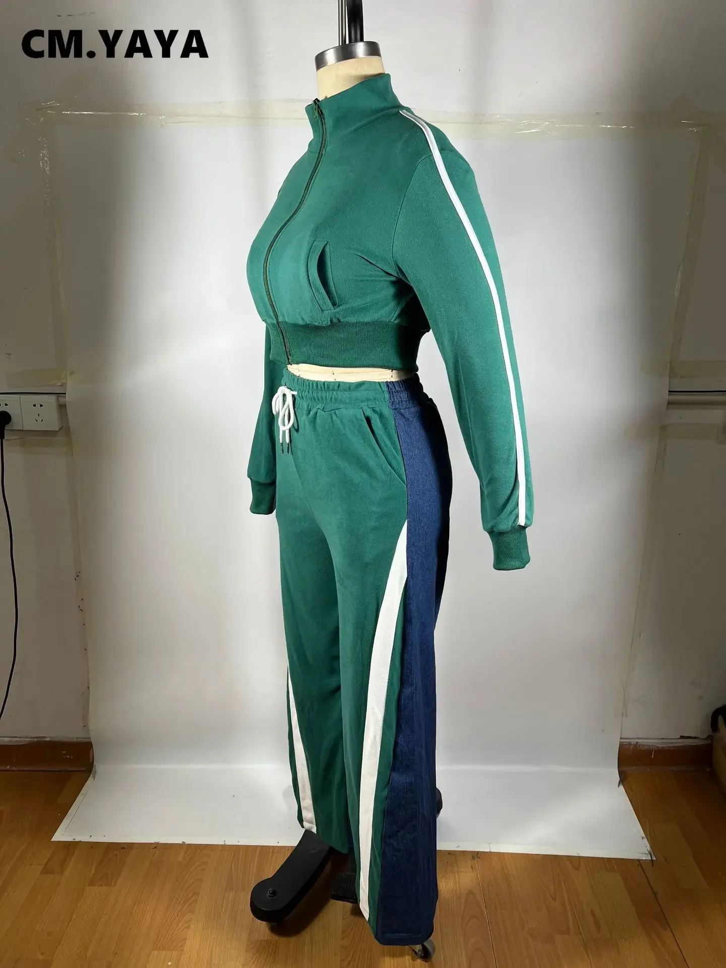 CM.YAYA Women Set Long Sleeve V-neck Jackets + Denim Patchwork Pant Suits 2025 Two 2 Piece Sets Sporty Tracksuits Street Outfits