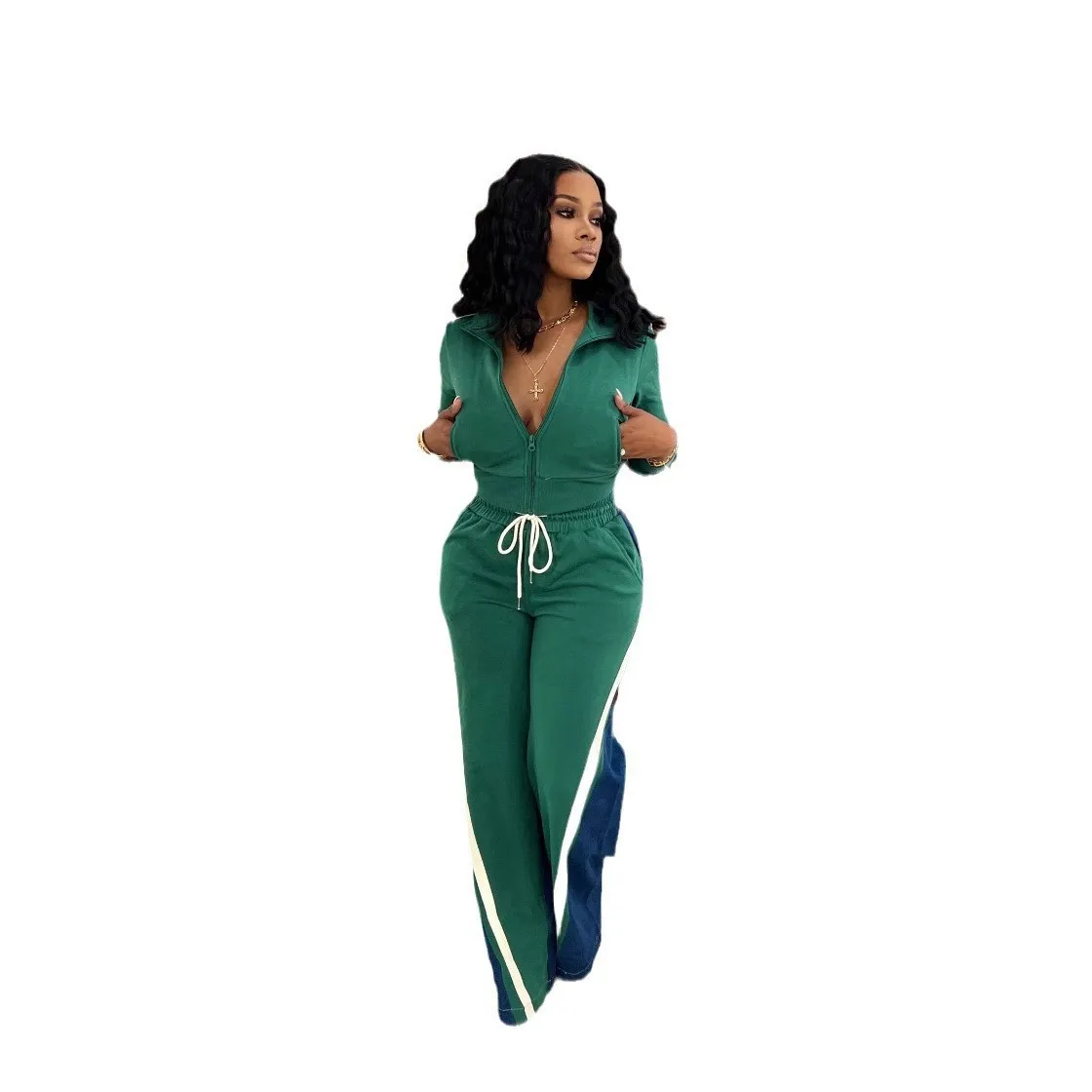 CM.YAYA Women Set Long Sleeve V-neck Jackets + Denim Patchwork Pant Suits 2025 Two 2 Piece Sets Sporty Tracksuits Street Outfits CM.YAYA Women Set Long Sleeve V-neck Jackets + Denim Patchwork Pant Suits 2025 Two 2 Piece Sets Sporty Tracksuits Street Outfits