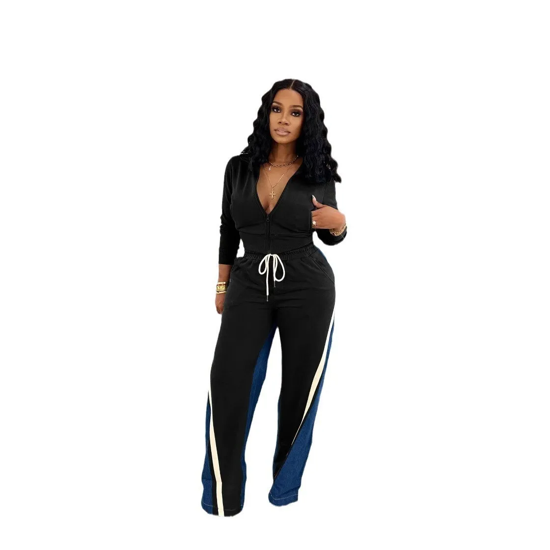 CM.YAYA Women Set Long Sleeve V-neck Jackets + Denim Patchwork Pant Suits 2025 Two 2 Piece Sets Sporty Tracksuits Street Outfits CM.YAYA Women Set Long Sleeve V-neck Jackets + Denim Patchwork Pant Suits 2025 Two 2 Piece Sets Sporty Tracksuits Street Outfits