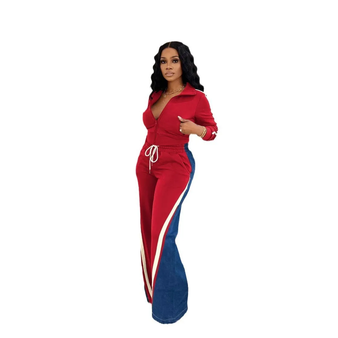 CM.YAYA Women Set Long Sleeve V-neck Jackets + Denim Patchwork Pant Suits 2025 Two 2 Piece Sets Sporty Tracksuits Street Outfits CM.YAYA Women Set Long Sleeve V-neck Jackets + Denim Patchwork Pant Suits 2025 Two 2 Piece Sets Sporty Tracksuits Street Outfits