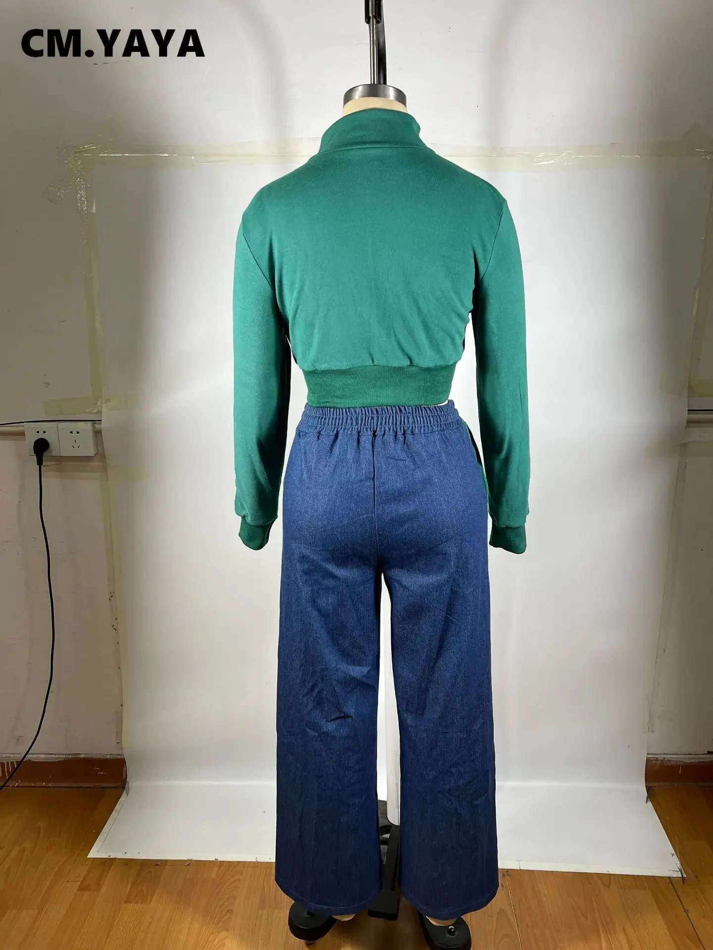 CM.YAYA Women Set Long Sleeve V-neck Jackets + Denim Patchwork Pant Suits 2025 Two 2 Piece Sets Sporty Tracksuits Street Outfits