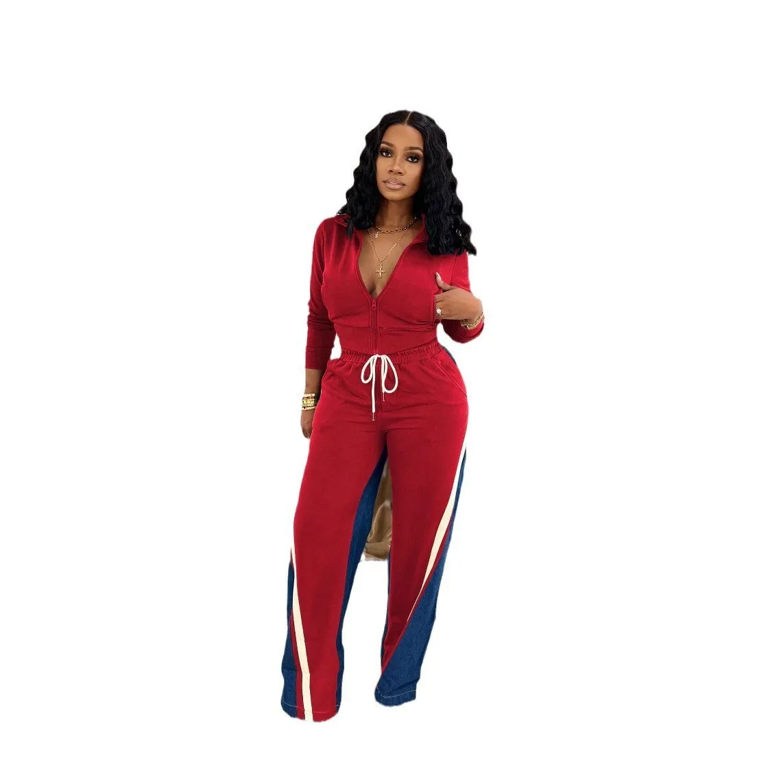 CM.YAYA Women Set Long Sleeve V-neck Jackets + Denim Patchwork Pant Suits 2025 Two 2 Piece Sets Sporty Tracksuits Street Outfits CM.YAYA Women Set Long Sleeve V-neck Jackets + Denim Patchwork Pant Suits 2025 Two 2 Piece Sets Sporty Tracksuits Street Outfits