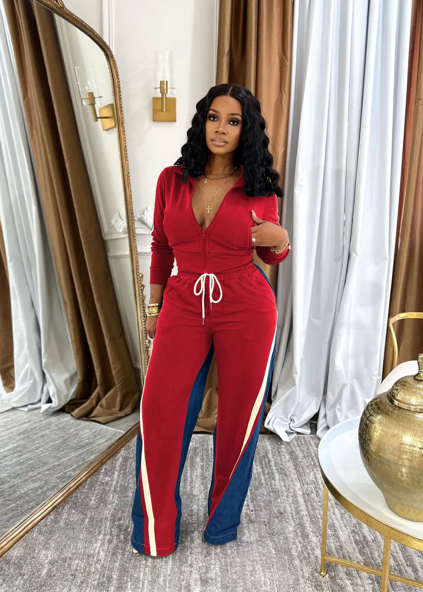 CM.YAYA Women Set Long Sleeve V-neck Jackets + Denim Patchwork Pant Suits 2025 Two 2 Piece Sets Sporty Tracksuits Street Outfits CM.YAYA Women Set Long Sleeve V-neck Jackets + Denim Patchwork Pant Suits 2025 Two 2 Piece Sets Sporty Tracksuits Street Outfits