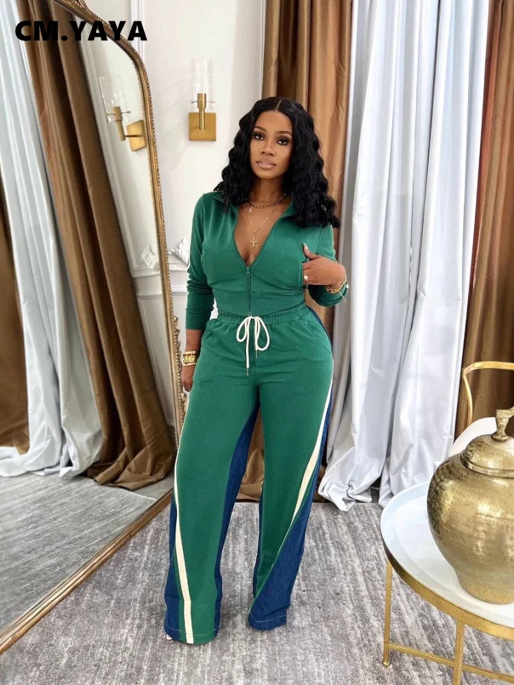 CM.YAYA Women Set Long Sleeve V-neck Jackets + Denim Patchwork Pant Suits 2025 Two 2 Piece Sets Sporty Tracksuits Street Outfits