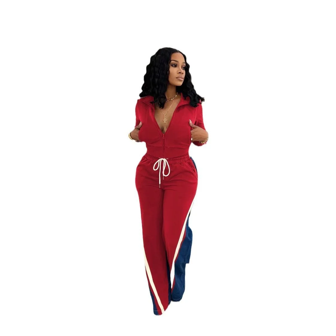 CM.YAYA Women Set Long Sleeve V-neck Jackets + Denim Patchwork Pant Suits 2025 Two 2 Piece Sets Sporty Tracksuits Street Outfits CM.YAYA Women Set Long Sleeve V-neck Jackets + Denim Patchwork Pant Suits 2025 Two 2 Piece Sets Sporty Tracksuits Street Outfits