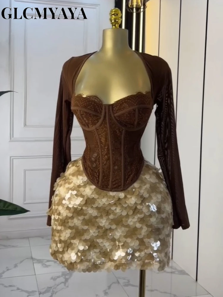 GLCMYAYA Street Women's Dress Set Lace Patchwork Crop Tops and Bodycon Midi Mini Skirts Suit Vacation Two 2 Piece Set Outfit