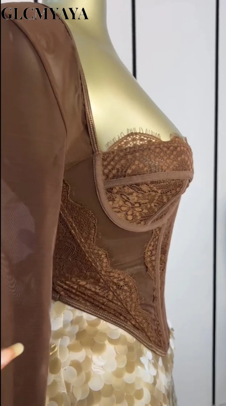 GLCMYAYA Street Women's Dress Set Lace Patchwork Crop Tops and Bodycon Midi Mini Skirts Suit Vacation Two 2 Piece Set Outfit