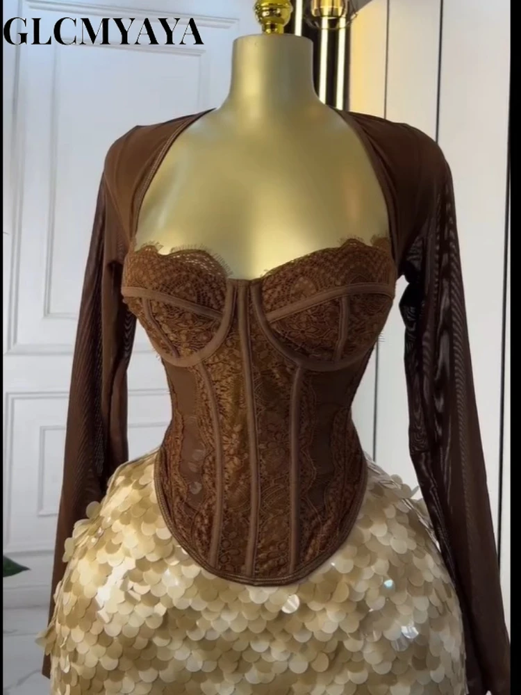 GLCMYAYA Street Women's Dress Set Lace Patchwork Crop Tops and Bodycon Midi Mini Skirts Suit Vacation Two 2 Piece Set Outfit