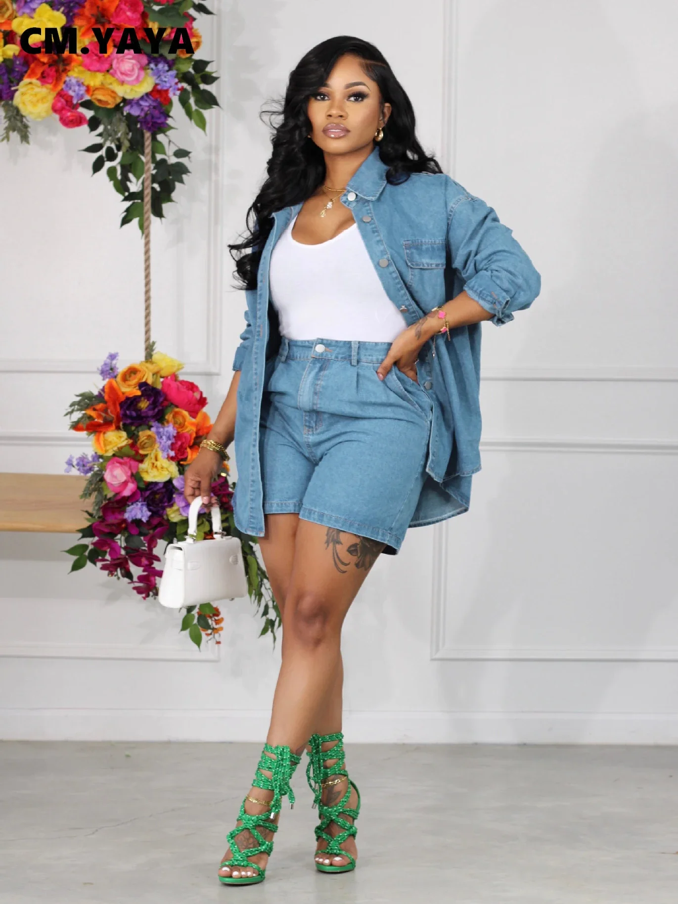 CM.YAYA Fashion Denim Women's Set Long Sleeve Single Breasted Jacket and Shorts 2023 Jeans Two 2 Piece Sets Outfits Tracksuit