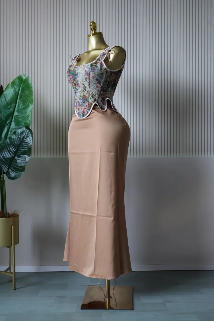 CM.YAYA Women's Dress Set Print Bow Corset Top and Maxi Long Skirt Suit 2025 Summer Elegant Evening Two 2 Piece Set Outfits