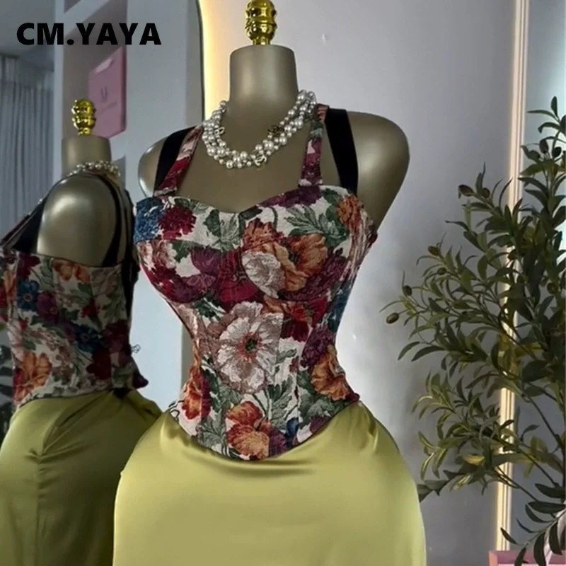 CM.YAYA Women's Dress Set Print Bow Corset Top and Maxi Long Skirt Suit 2025 Summer Elegant Evening Two 2 Piece Set Outfits