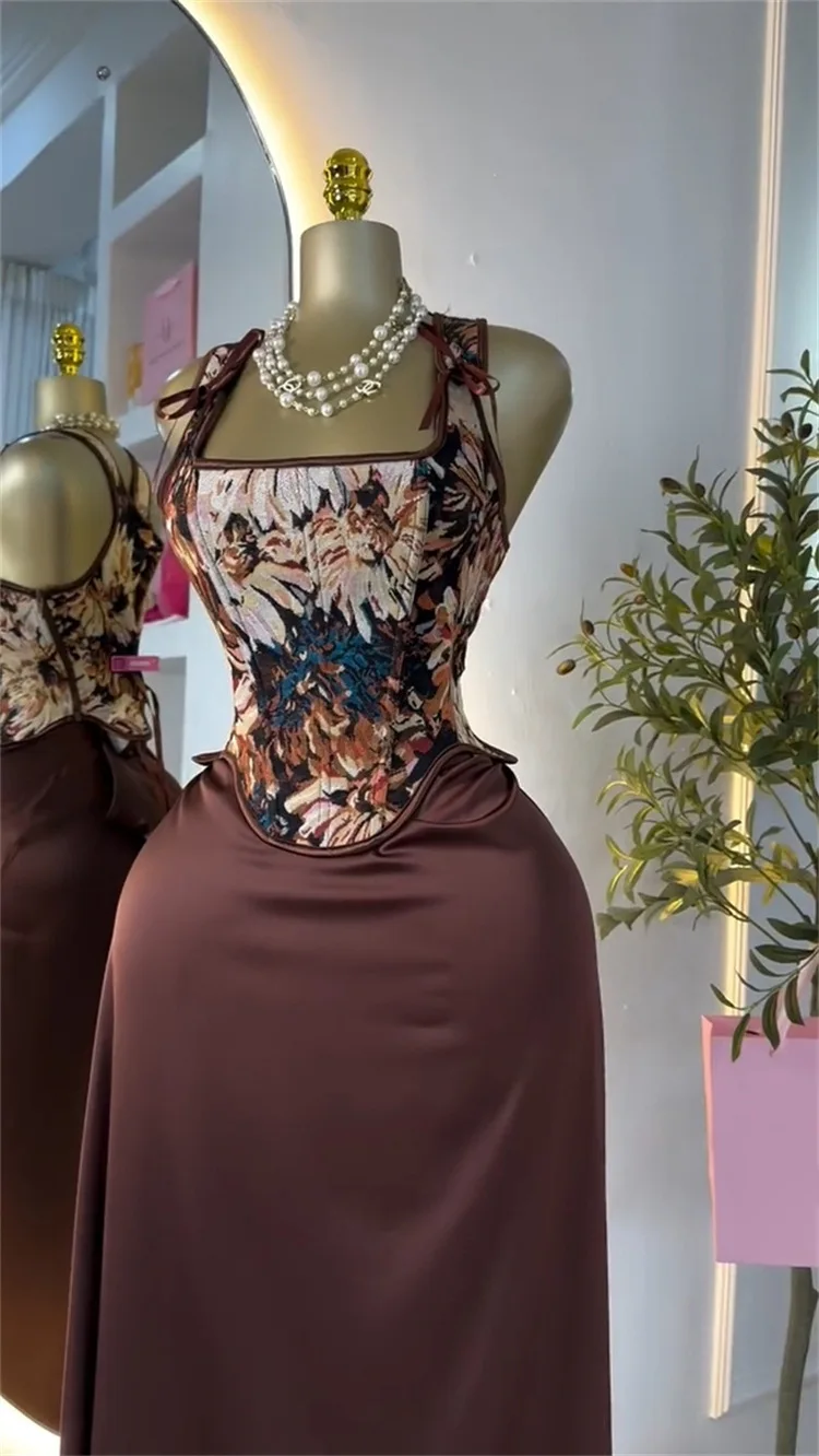 CM.YAYA Women's Dress Set Print Bow Corset Top and Maxi Long Skirt Suit 2025 Summer Elegant Evening Two 2 Piece Set Outfits