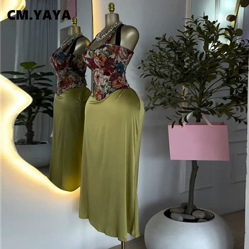 CM.YAYA Women's Dress Set Print Bow Corset Top and Maxi Long Skirt Suit 2025 Summer Elegant Evening Two 2 Piece Set Outfits