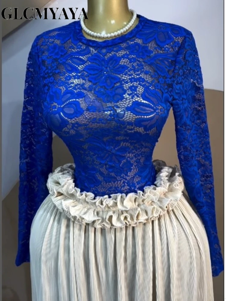 GLCMYAYA Women Lace See Though Long Sleeve T-shirts Tops and Ruffles Waist Pleated Maxi Skirt 2026 Street Two Piece Set Outfits