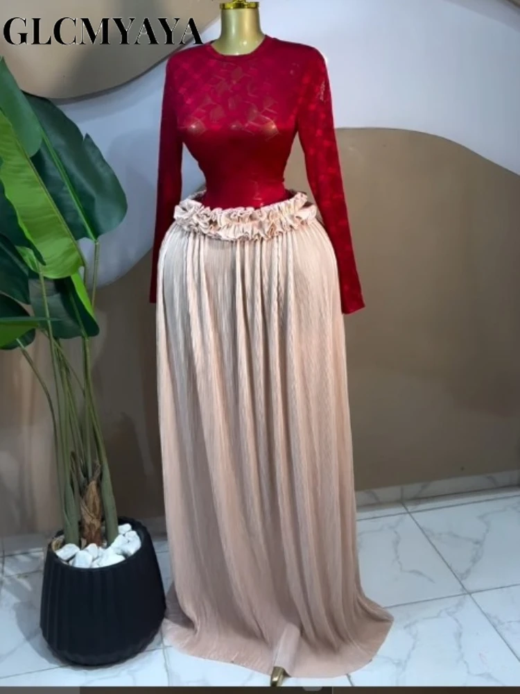 GLCMYAYA Women Lace See Though Long Sleeve T-shirts Tops and Ruffles Waist Pleated Maxi Skirt 2026 Street Two Piece Set Outfits GLCMYAYA Women Lace See Though Long Sleeve T-shirts Tops and Ruffles Waist Pleated Maxi Skirt 2026 Street Two Piece Set Outfits