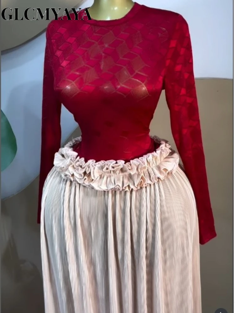 GLCMYAYA Women Lace See Though Long Sleeve T-shirts Tops and Ruffles Waist Pleated Maxi Skirt 2026 Street Two Piece Set Outfits GLCMYAYA Women Lace See Though Long Sleeve T-shirts Tops and Ruffles Waist Pleated Maxi Skirt 2026 Street Two Piece Set Outfits