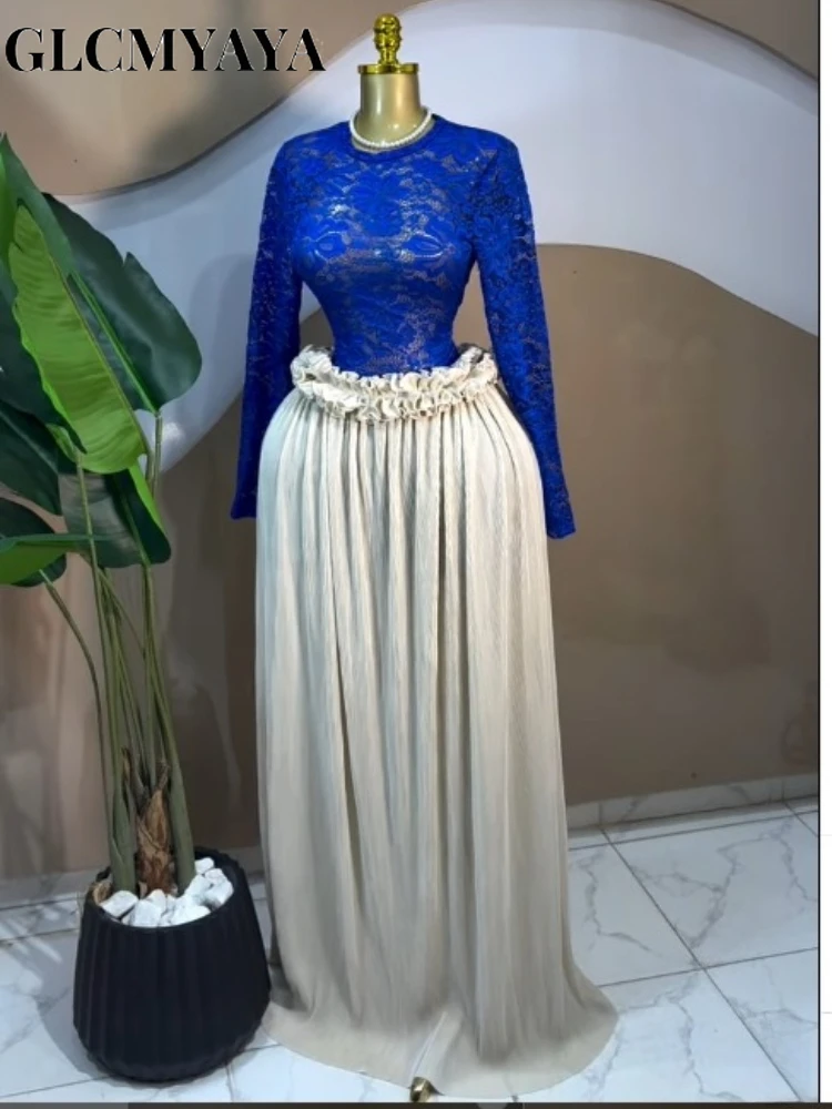GLCMYAYA Women Lace See Though Long Sleeve T-shirts Tops and Ruffles Waist Pleated Maxi Skirt 2026 Street Two Piece Set Outfits GLCMYAYA Women Lace See Though Long Sleeve T-shirts Tops and Ruffles Waist Pleated Maxi Skirt 2026 Street Two Piece Set Outfits