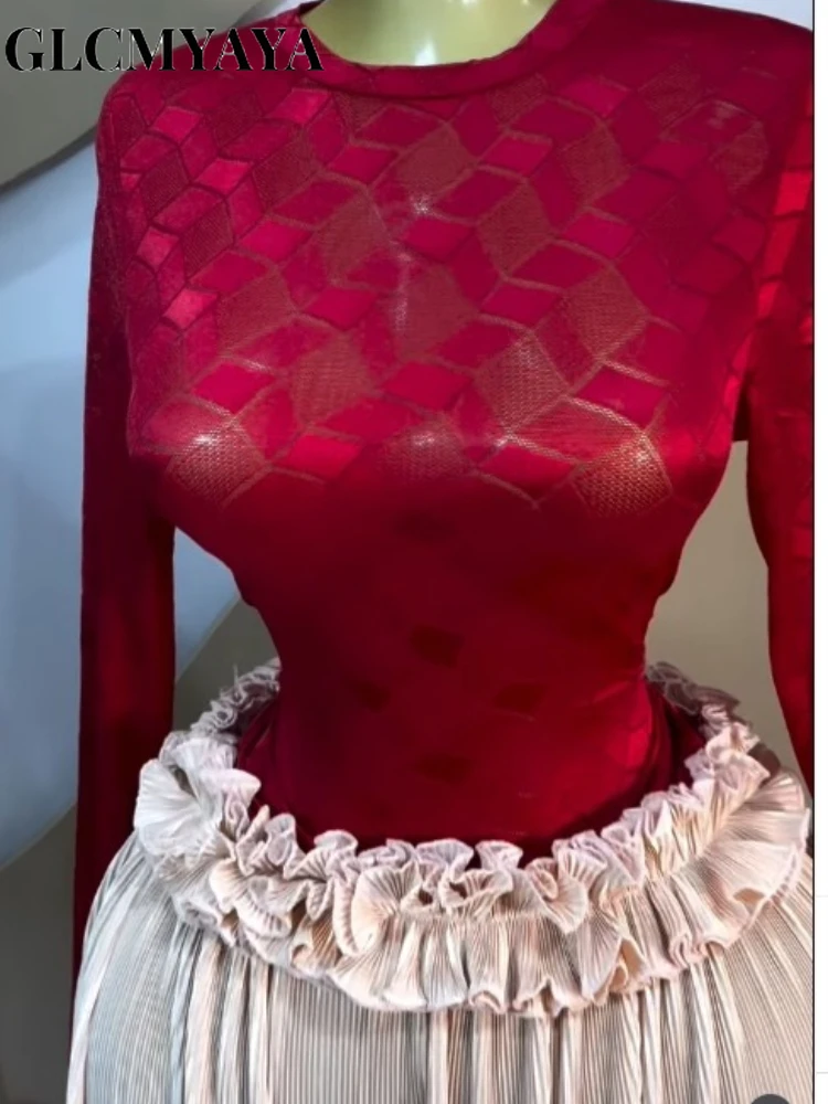 GLCMYAYA Women Lace See Though Long Sleeve T-shirts Tops and Ruffles Waist Pleated Maxi Skirt 2026 Street Two Piece Set Outfits