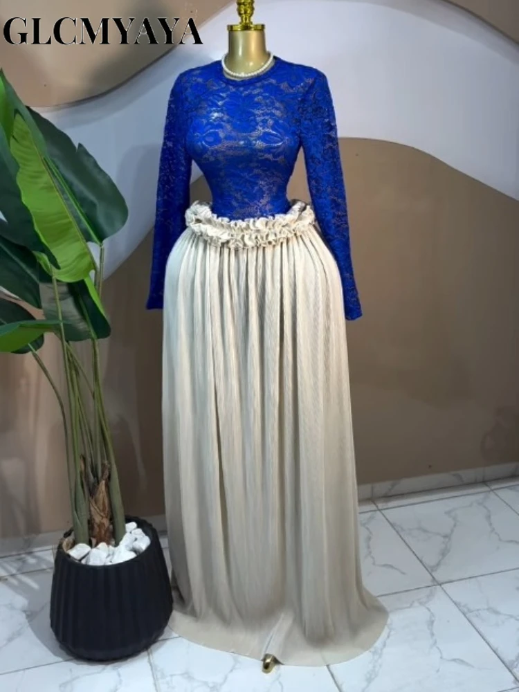 GLCMYAYA Women Lace See Though Long Sleeve T-shirts Tops and Ruffles Waist Pleated Maxi Skirt 2026 Street Two Piece Set Outfits