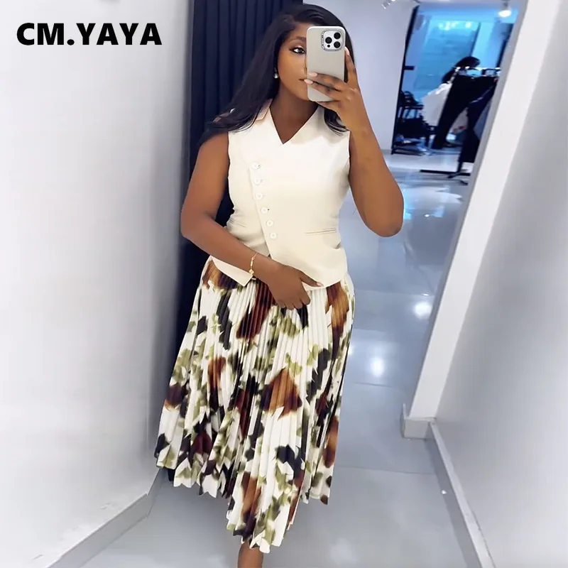 CM.YAYA Women Set Street Sleeveless V-Neck Button Tops +long Pleated Skirts Suits Two 2 Piece Sets Summer OL Fitness Tracksuits