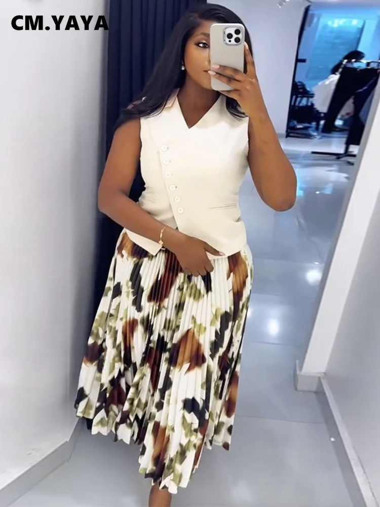 CM.YAYA Women Set Street Sleeveless V-Neck Button Tops +long Pleated Skirts Suits Two 2 Piece Sets Summer OL Fitness Tracksuits