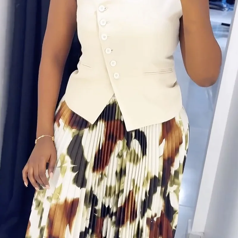 CM.YAYA Women Set Street Sleeveless V-Neck Button Tops +long Pleated Skirts Suits Two 2 Piece Sets Summer OL Fitness Tracksuits CM.YAYA Women Set Street Sleeveless V-Neck Button Tops +long Pleated Skirts Suits Two 2 Piece Sets Summer OL Fitness Tracksuits