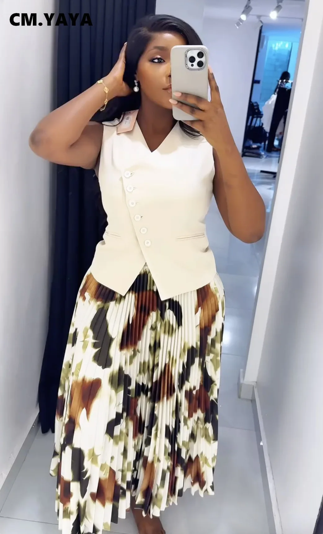 CM.YAYA Women Set Street Sleeveless V-Neck Button Tops +long Pleated Skirts Suits Two 2 Piece Sets Summer OL Fitness Tracksuits