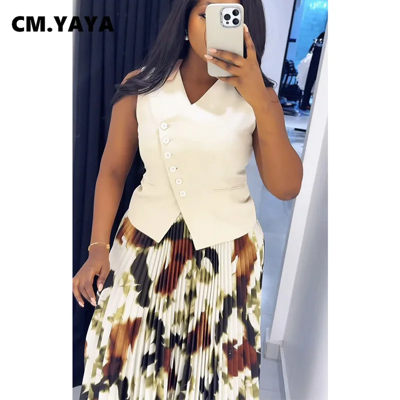 CM.YAYA Women Set Street Sleeveless V-Neck Button Tops +long Pleated Skirts Suits Two 2 Piece Sets Summer OL Fitness Tracksuits