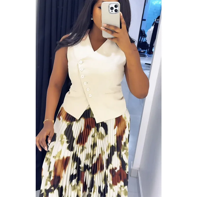 CM.YAYA Women Set Street Sleeveless V-Neck Button Tops +long Pleated Skirts Suits Two 2 Piece Sets Summer OL Fitness Tracksuits CM.YAYA Women Set Street Sleeveless V-Neck Button Tops +long Pleated Skirts Suits Two 2 Piece Sets Summer OL Fitness Tracksuits