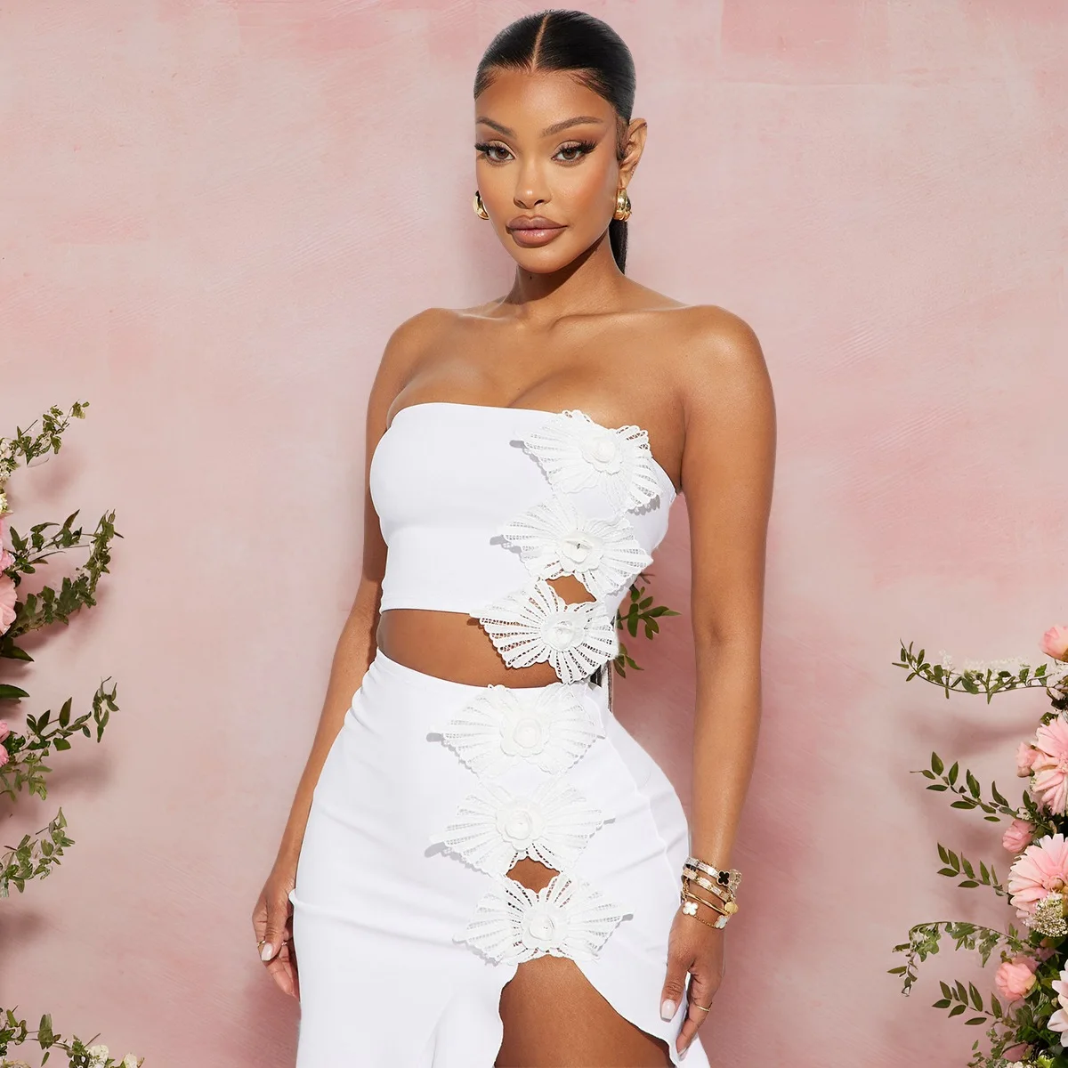 CM.YAYA Bowknot Side Women's Dress Set Strapless Crop Top and Ruffles Split Midi Maxi Long Skirt Suit Two 2 Piece Set Outfits