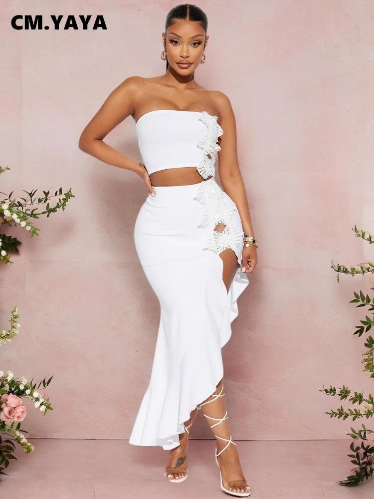 CM.YAYA Bowknot Side Women's Dress Set Strapless Crop Top and Ruffles Split Midi Maxi Long Skirt Suit Two 2 Piece Set Outfits