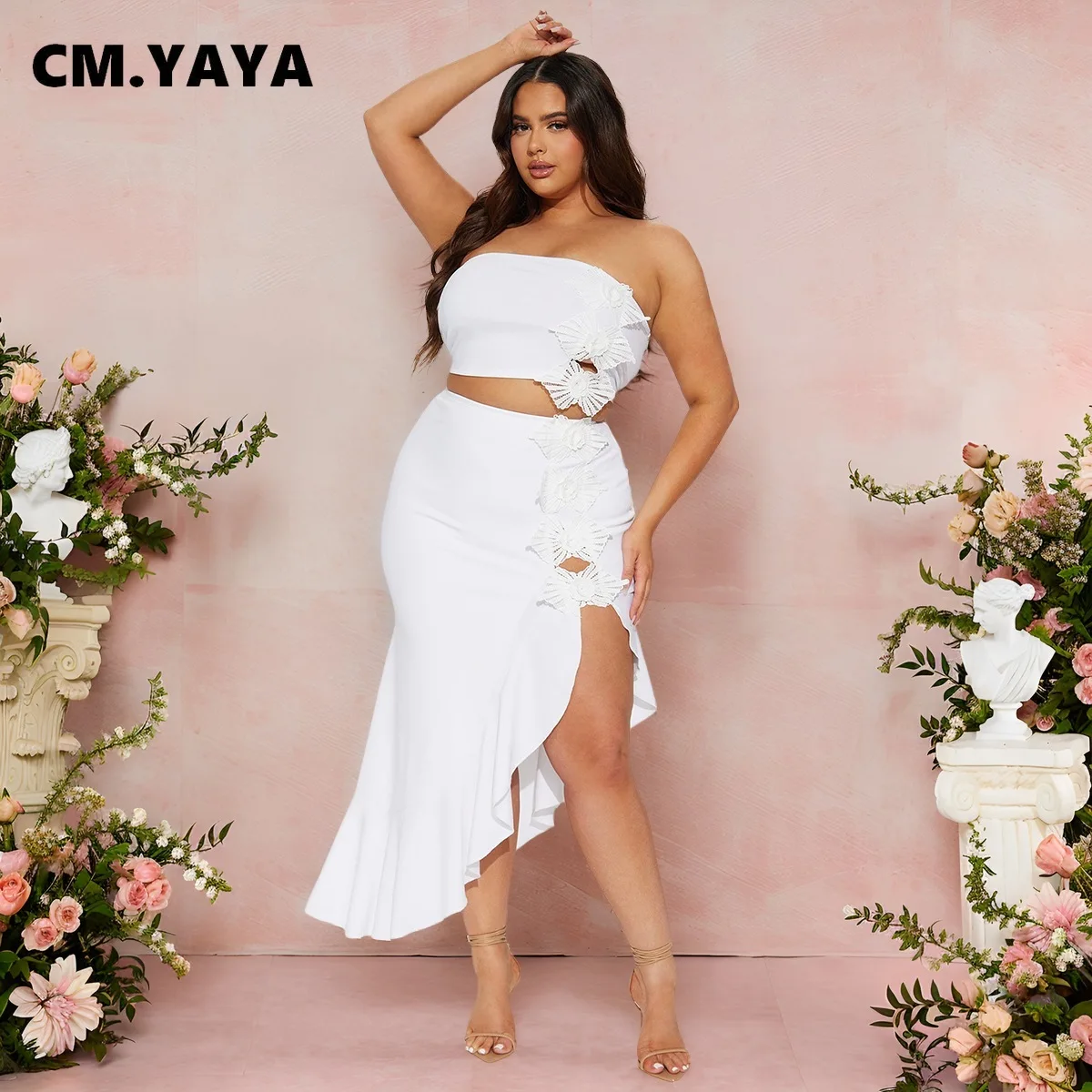 CM.YAYA Bowknot Side Women's Dress Set Strapless Crop Top and Ruffles Split Midi Maxi Long Skirt Suit Two 2 Piece Set Outfits