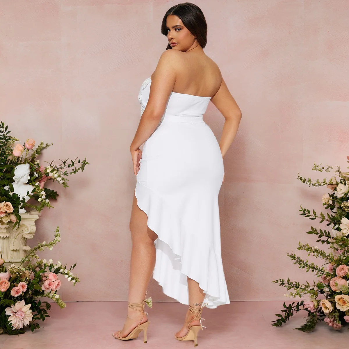 CM.YAYA Bowknot Side Women's Dress Set Strapless Crop Top and Ruffles Split Midi Maxi Long Skirt Suit Two 2 Piece Set Outfits