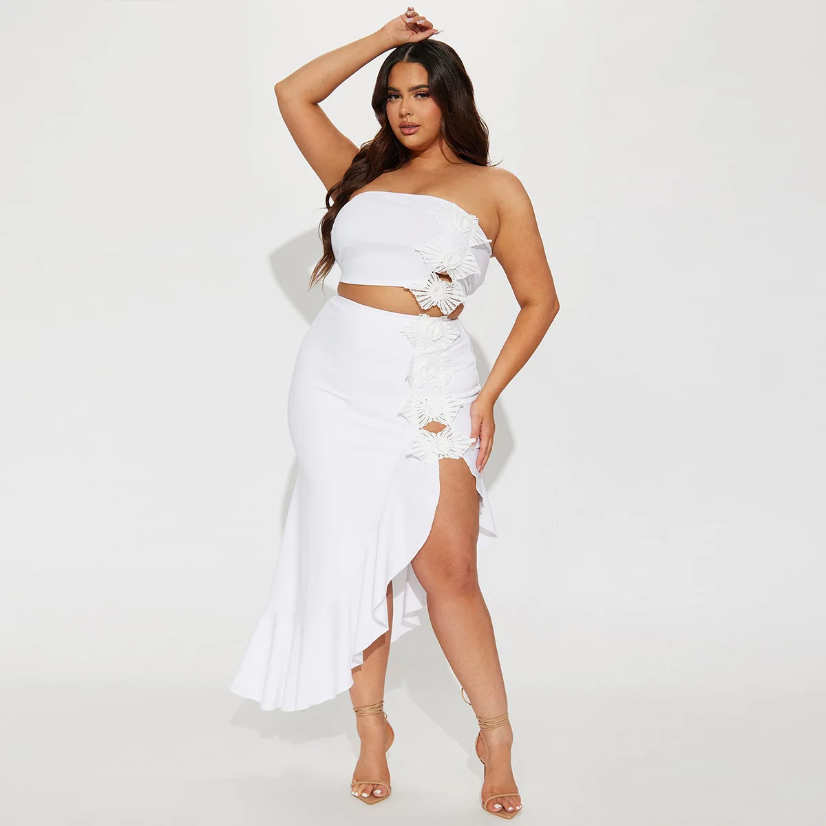 CM.YAYA Bowknot Side Women's Dress Set Strapless Crop Top and Ruffles Split Midi Maxi Long Skirt Suit Two 2 Piece Set Outfits