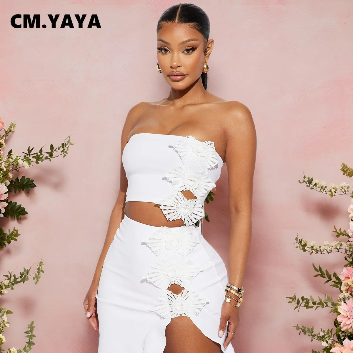 CM.YAYA Bowknot Side Women's Dress Set Strapless Crop Top and Ruffles Split Midi Maxi Long Skirt Suit Two 2 Piece Set Outfits