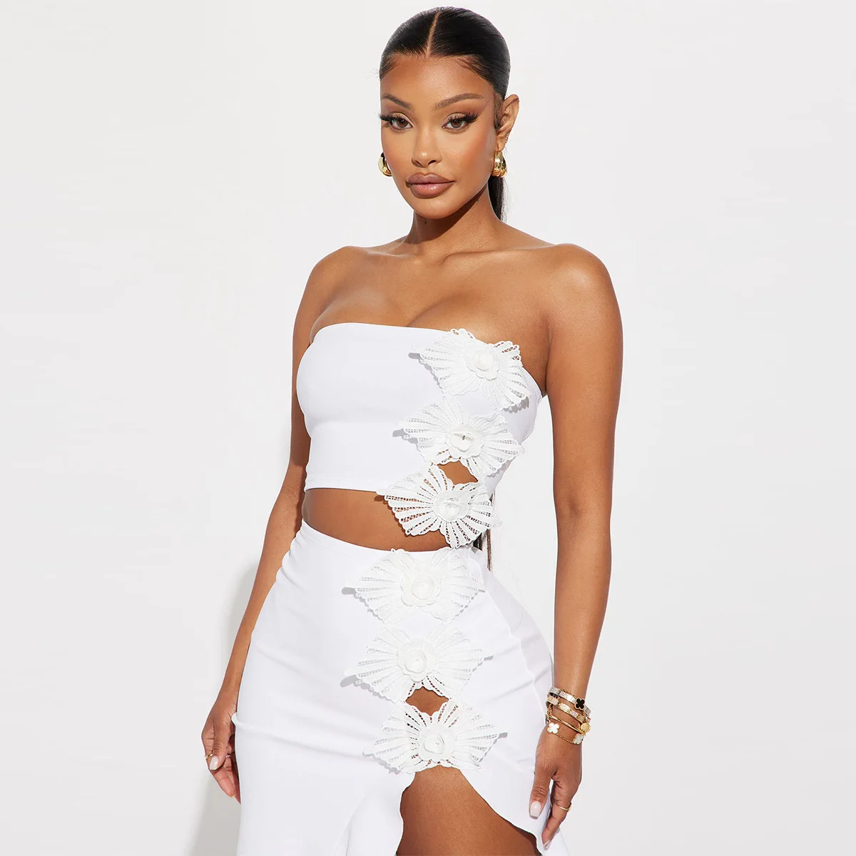 CM.YAYA Bowknot Side Women's Dress Set Strapless Crop Top and Ruffles Split Midi Maxi Long Skirt Suit Two 2 Piece Set Outfits