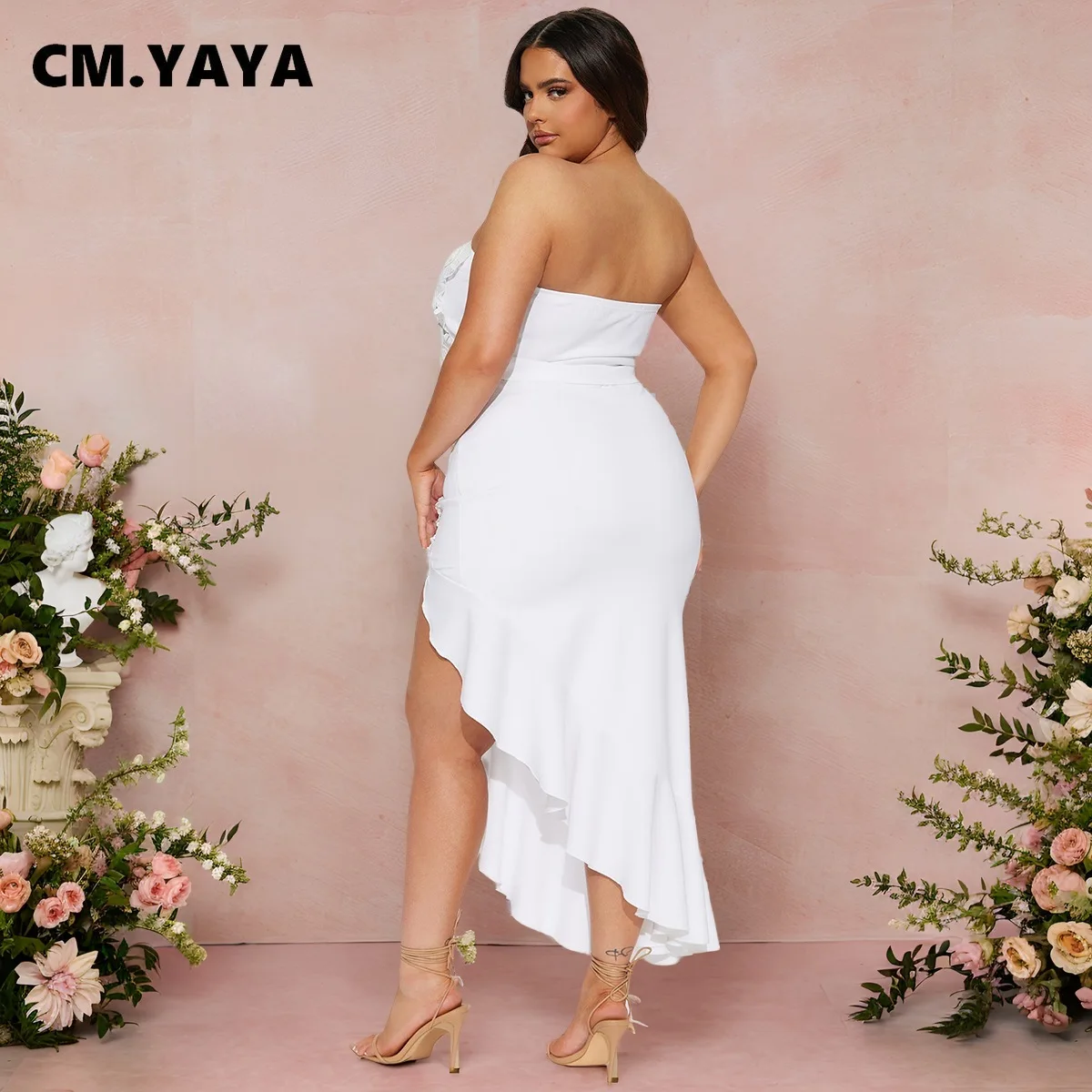 CM.YAYA Bowknot Side Women's Dress Set Strapless Crop Top and Ruffles Split Midi Maxi Long Skirt Suit Two 2 Piece Set Outfits