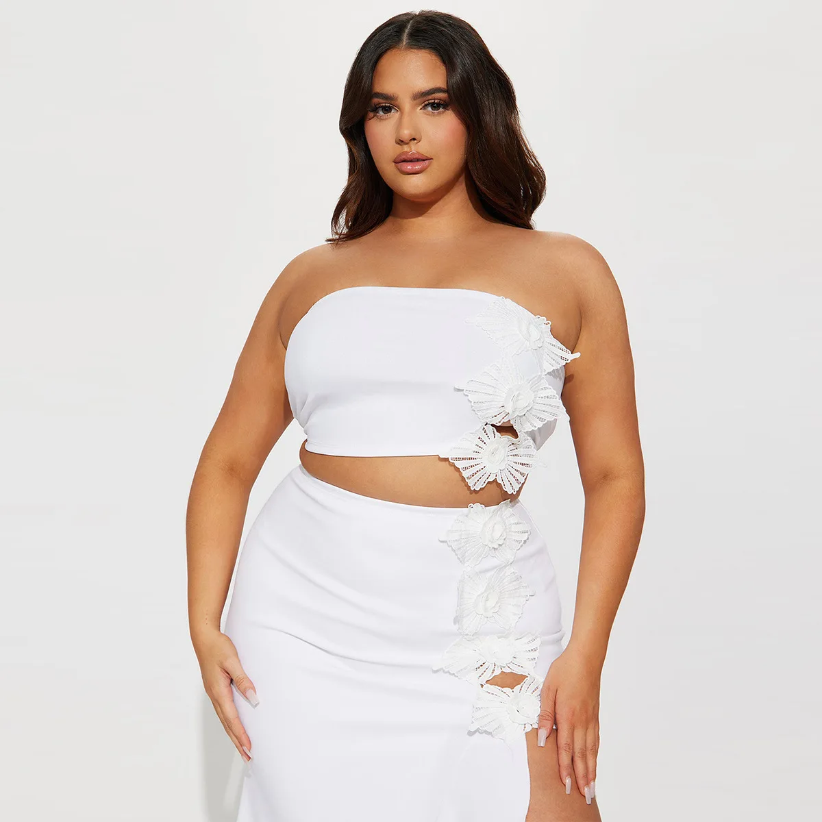 CM.YAYA Bowknot Side Women's Dress Set Strapless Crop Top and Ruffles Split Midi Maxi Long Skirt Suit Two 2 Piece Set Outfits